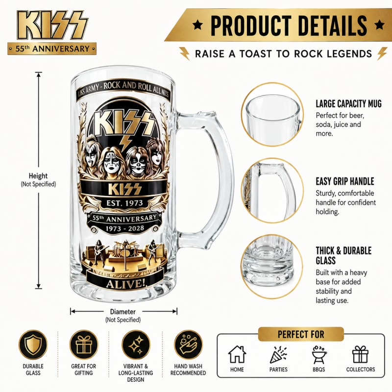 Beer Mug Handled - 55周年記念 KISS ロックバンド ビールマグ 防水ステッカー付き クリアガラスハンドル