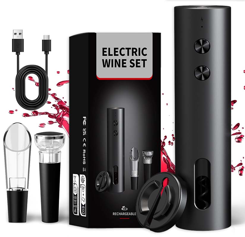 Wine Beer Opener - 4-in-1電動ワインオープナーセットUSB充電式電動自動コルク抜きワインオープナーセットワインストッパー、ワインポアラー