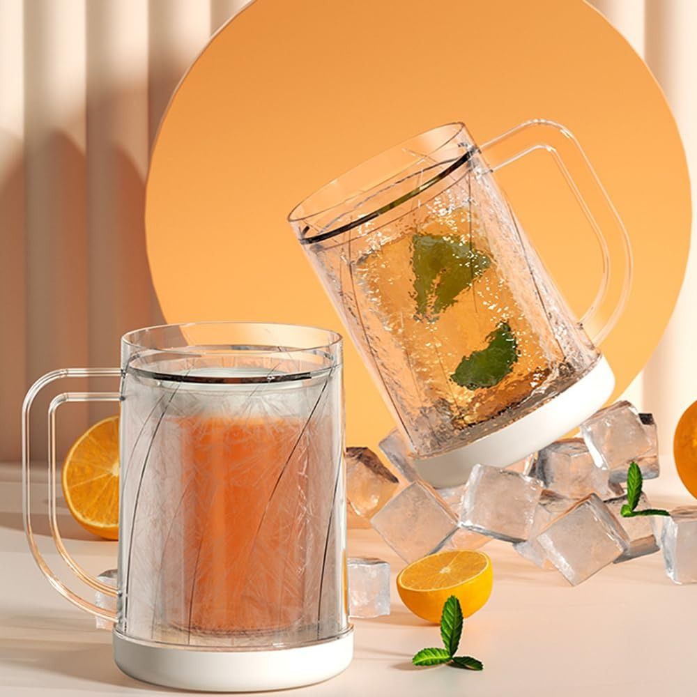 Beer Mug Handled - 持ち手付き液体冷蔵庫冷凍カップ 夏用 PET/PP製アイスビールグラス 二層構造 20オンス 冷凍ビールマグカップ