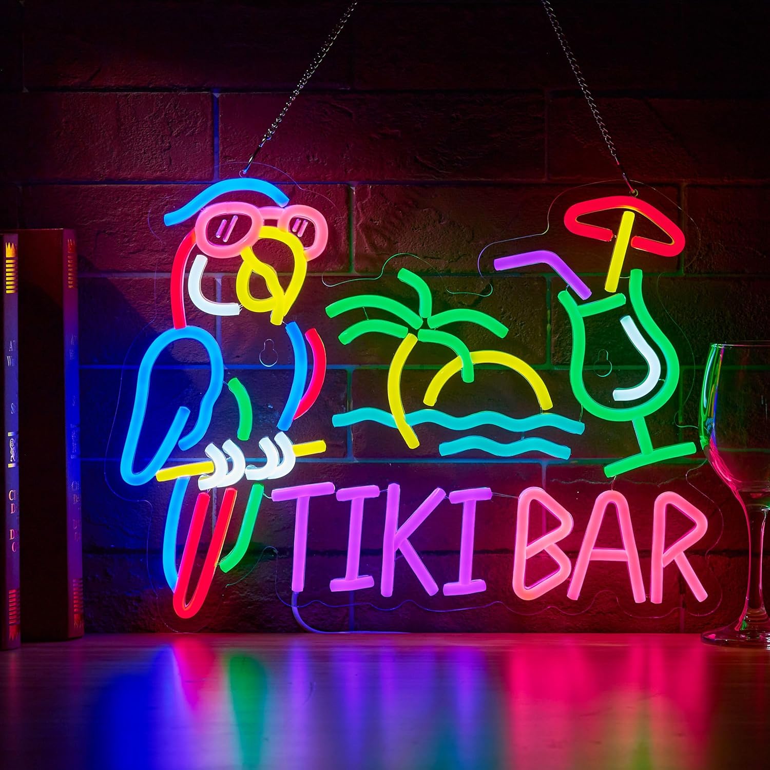 Beer & Wine Downtown - ティキバーパロットパームツリーネオンサインビジネスアートウォールライトUSB LEDネオンライトレストランビールクラブパーティーベッドルームデコレーション用